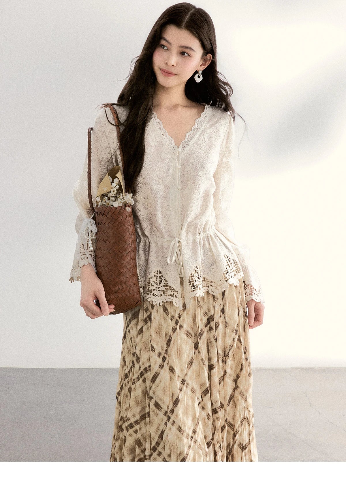 MISHOW Lace V-Neck Blouse Drawstring Waist Ruffled Hem MXF108X0998