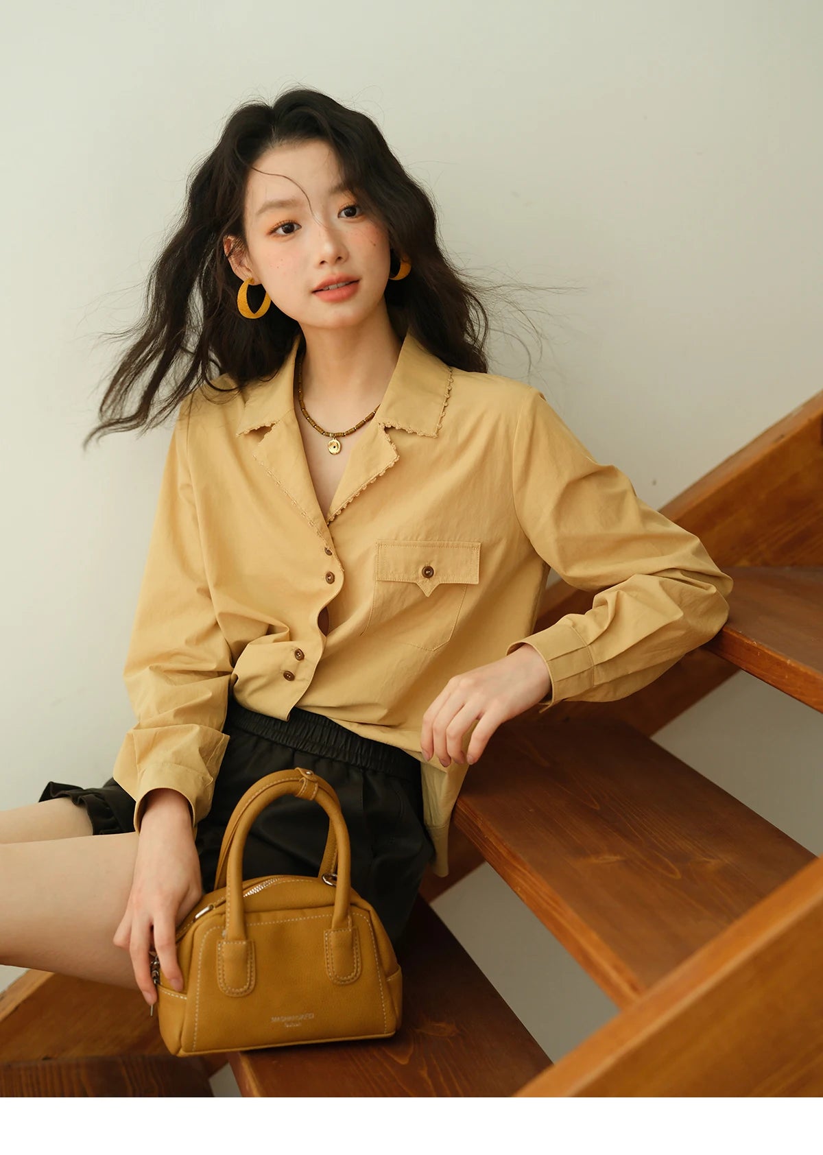 MISHOW Yellow Lapel Cotton Shirt Contrast Button Pocket MXE41C2356