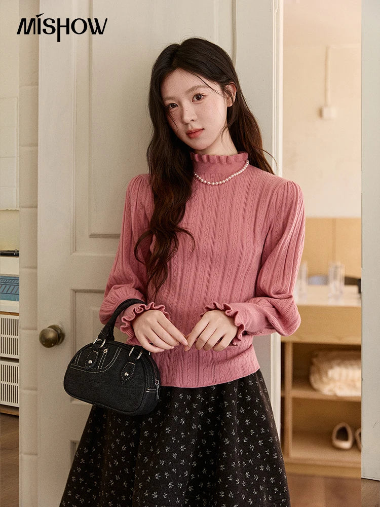 Mishow Half Turtleneck Ruffle Lantern Sleeve Top MXE93Z2810