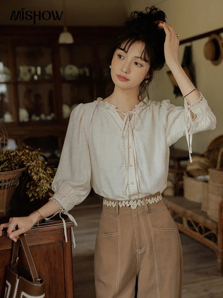 MISHOW French Retro Lace Collar Shirt Bow Tie Lantern Sleeve MXD41X1621