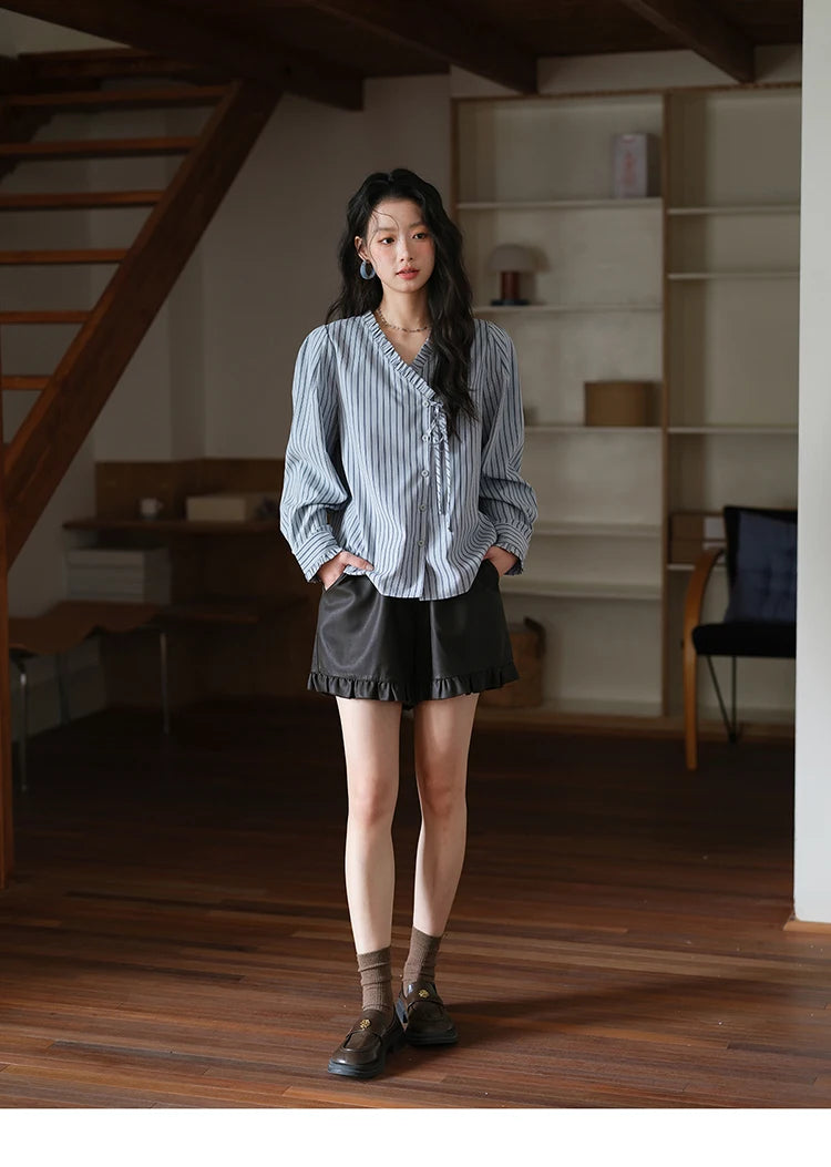 Mishow PU Leather High Waist Ruffle Hem Shorts MXE42K1068