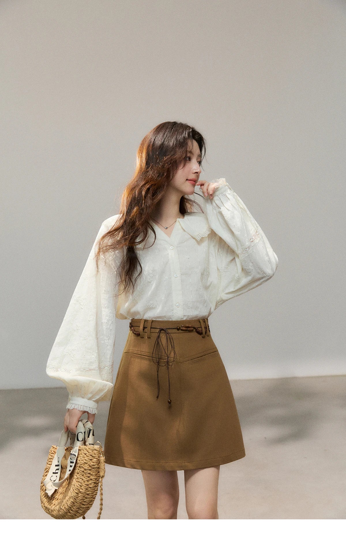 MISHOW Beige Lace Shirt Peter Pan Collar Micro Lantern Sleeve MXF108C0813