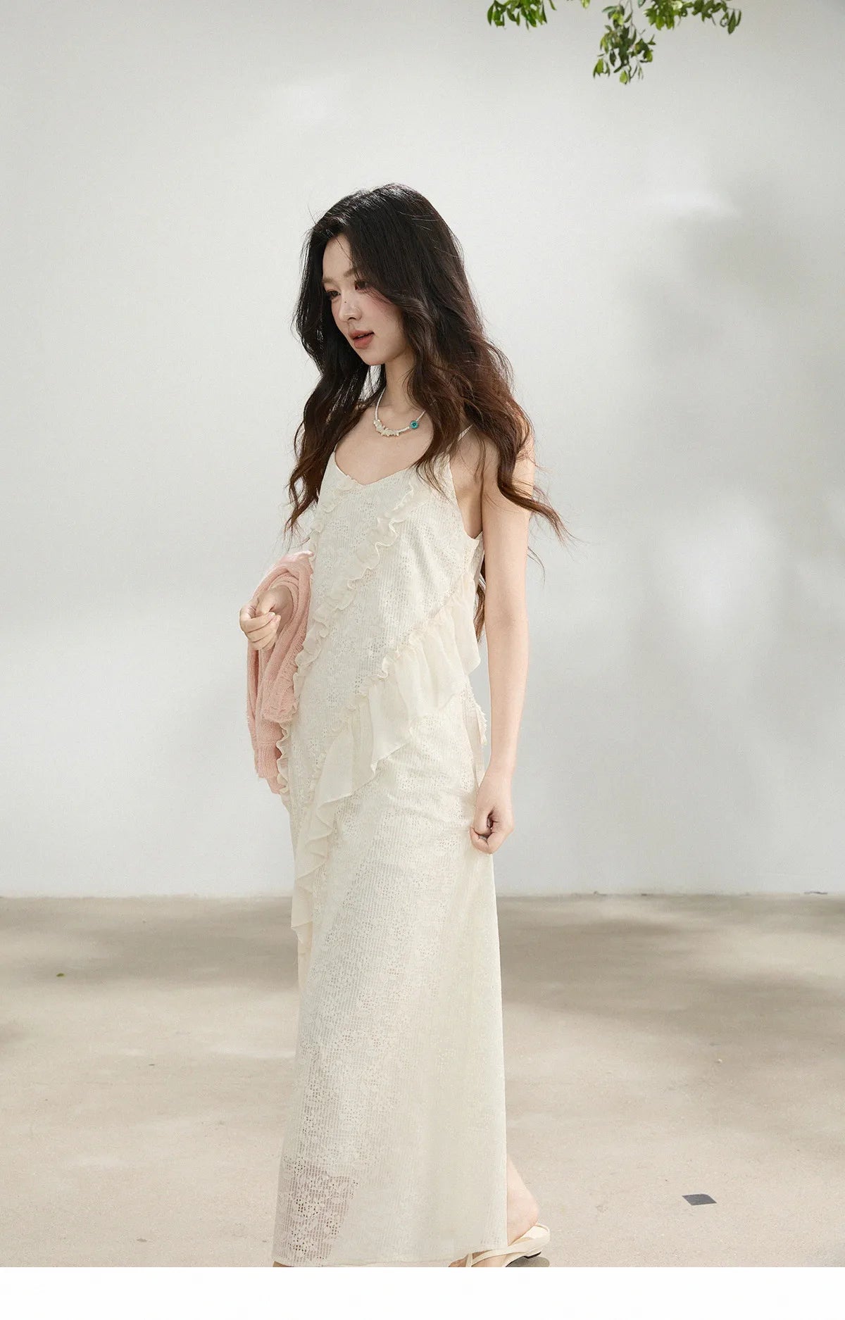 Mishow Cream Irregular Lace Ruffled Slip Dress MXF108L1005