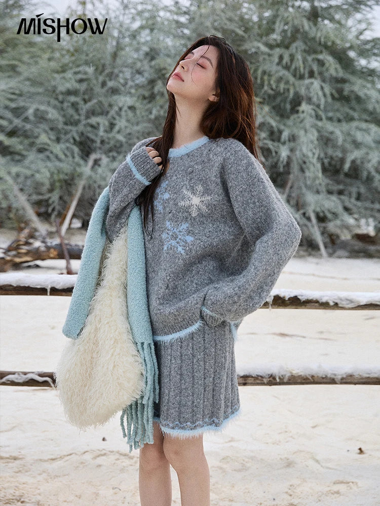 Mishow Gray Crew Neck Sweater & Knitted Mini Skirt Set MXE51T1406