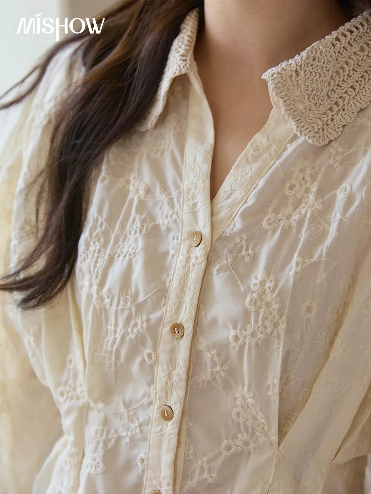MISHOW French Lace Blouse Lantern Sleeve Ruffle Hem MXE42C2372
