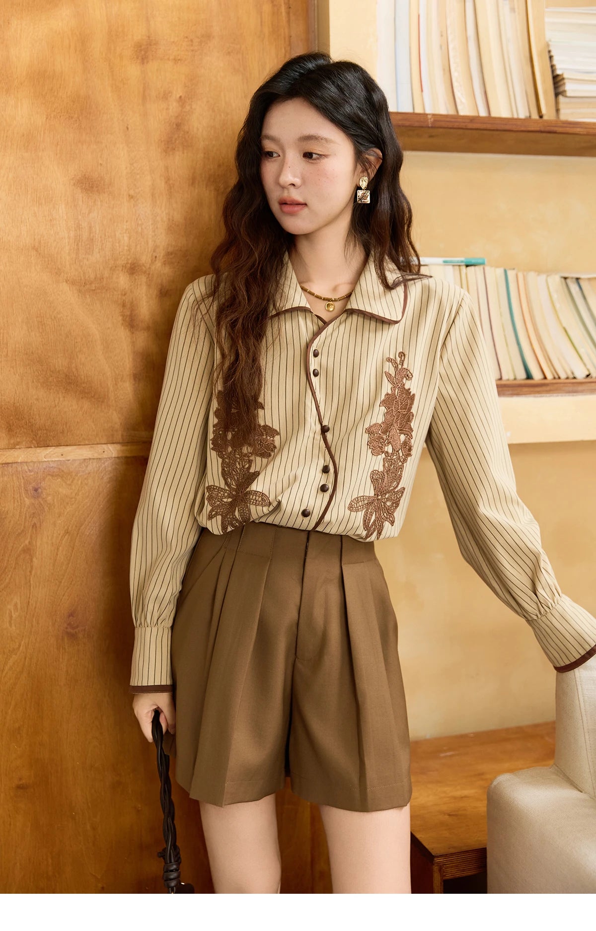 MISHOW Khaki Brushed Striped Shirt Lace Embroidered Asymmetric Placket MXE45C2402