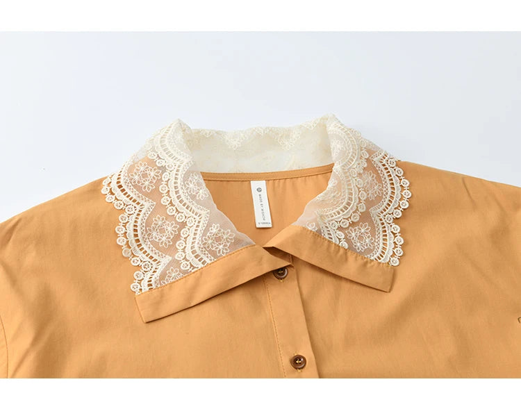 MISHOW Solid Cotton Shirt V-Neck Double Layer Lace MXE41C2366