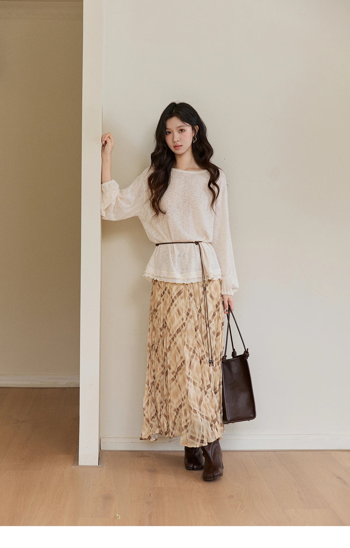 Mishow Lace Trim Boat Neck Knit Top with Belt MXF13Z3002