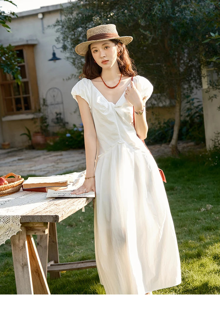 Mishow V-Neck Puff Sleeve Solid Vacation Dress MXE39L2384