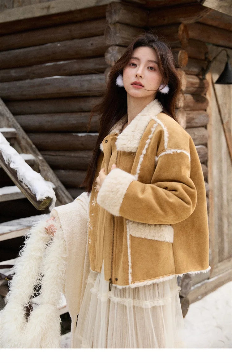 MISHOW Floral Embroidered Fur Jacket Plush Lapel Zipper MXE87W0918