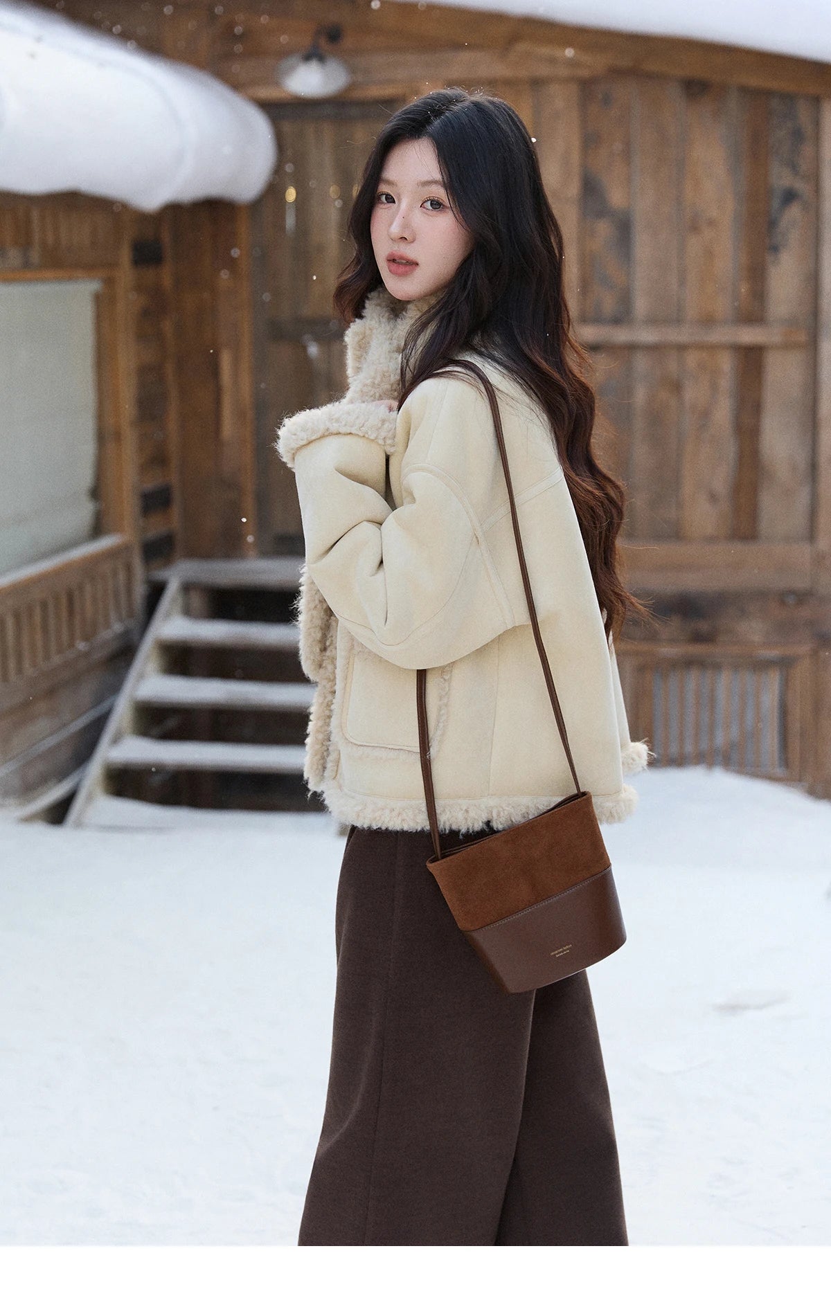 Mishow Cream Yellow Faux Suede Coat with Matching Scarf MXE91W1019