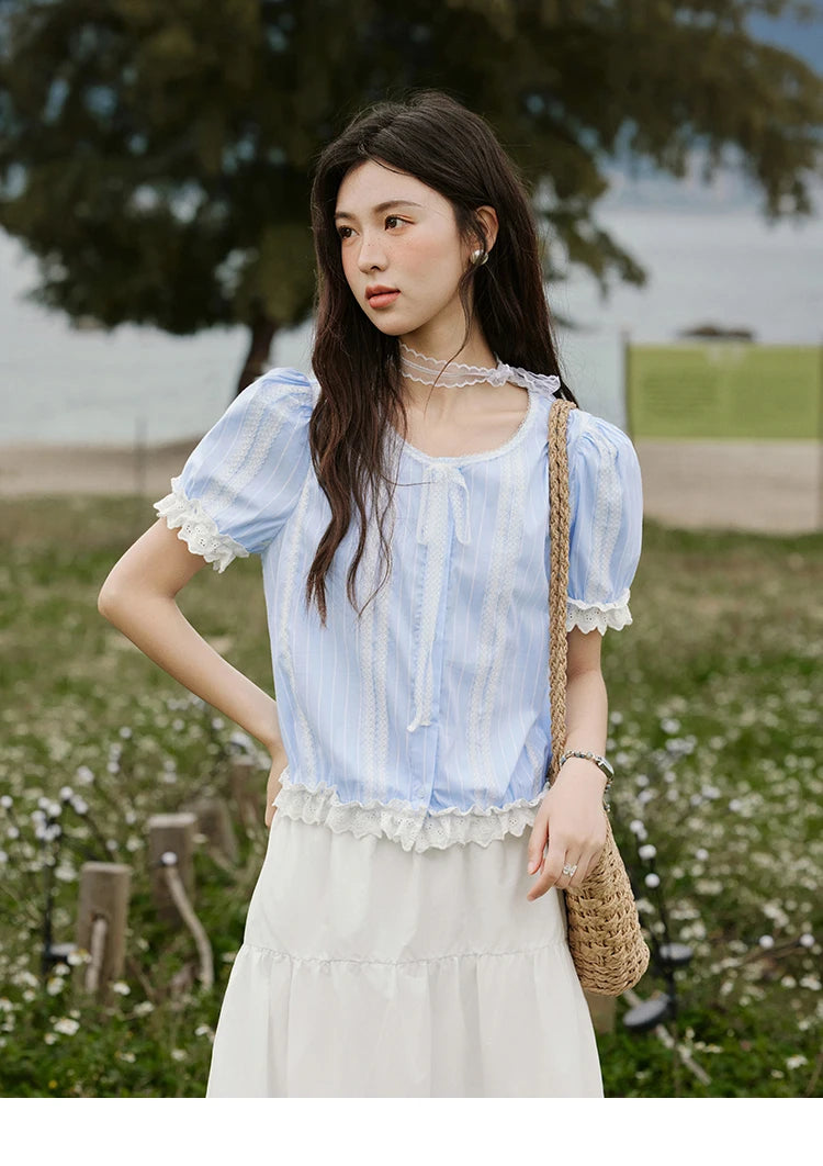 MISHOW Striped Blouse Short Puff Sleeve Lace Patchwork MXE32X1759