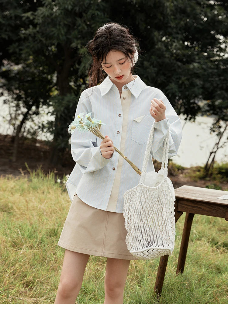 MISHOW Light Blue Striped Cotton Shirt Contrast Placket MXE15C0762