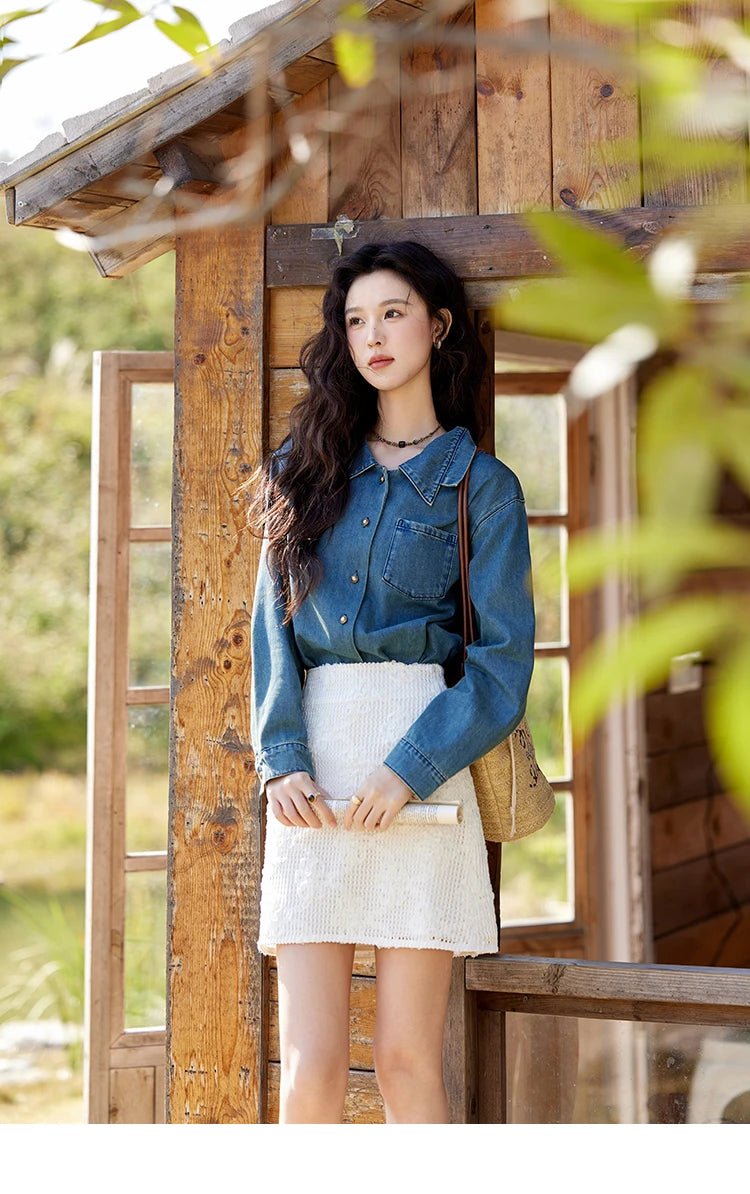 MISHOW Washed Denim Shirt Double Layered Patchwork Collar Metal Buckle MXE12C0751