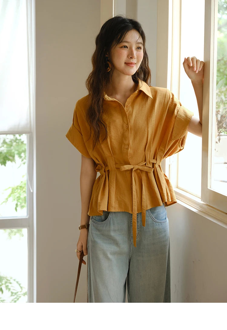 MISHOW Orange Lace Up Button Shirt Turn-Down Collar MXE37C0809