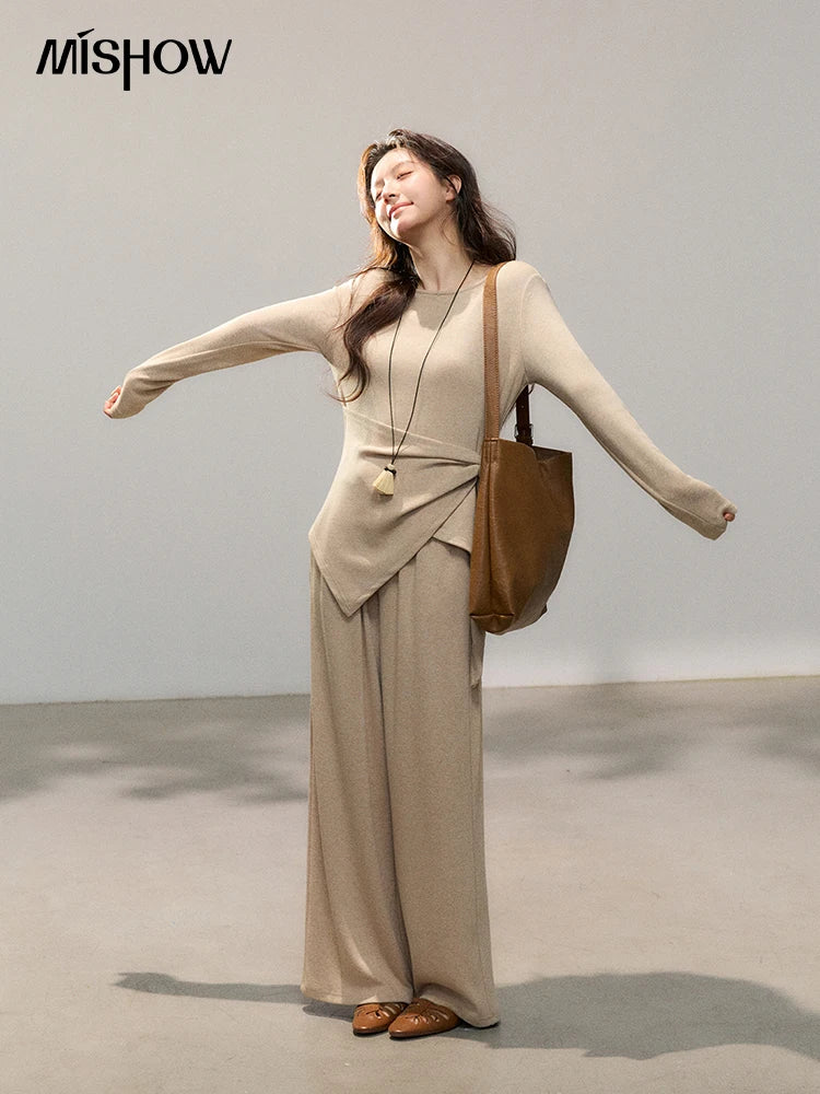 Mishow Khaki Asymmetrical Hem Top & Wide Leg Pants Set MXF11T1465