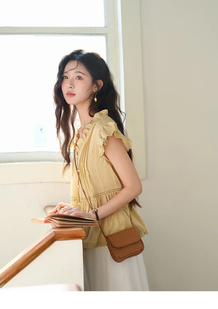 MISHOW Wood Ear V-Neck Shirt Flying Sleeve Wrinkle Spliced MXE37X1908