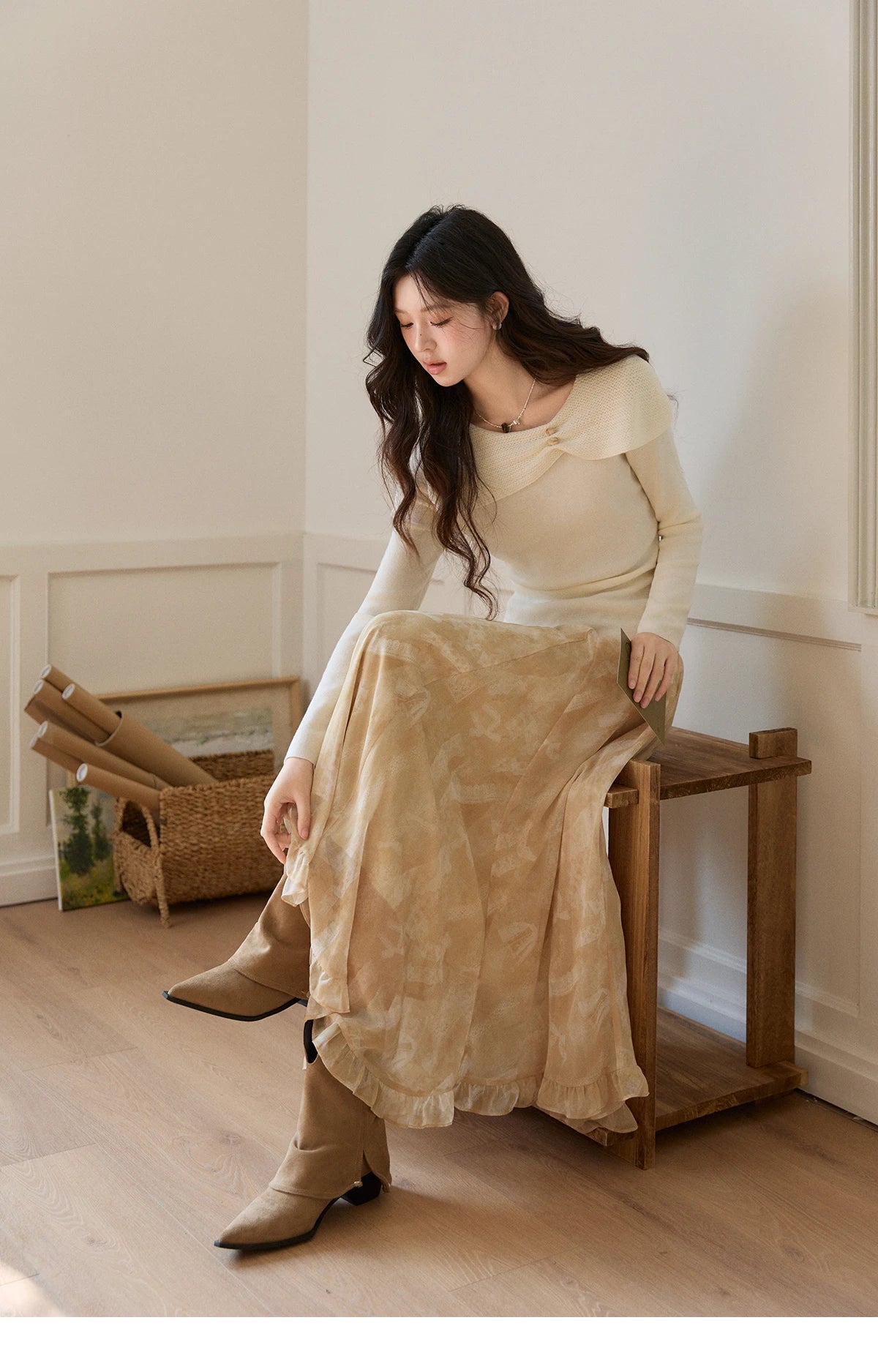 Mishow Beige Asymmetrical Collar Wool Sweater MXF11Z2918