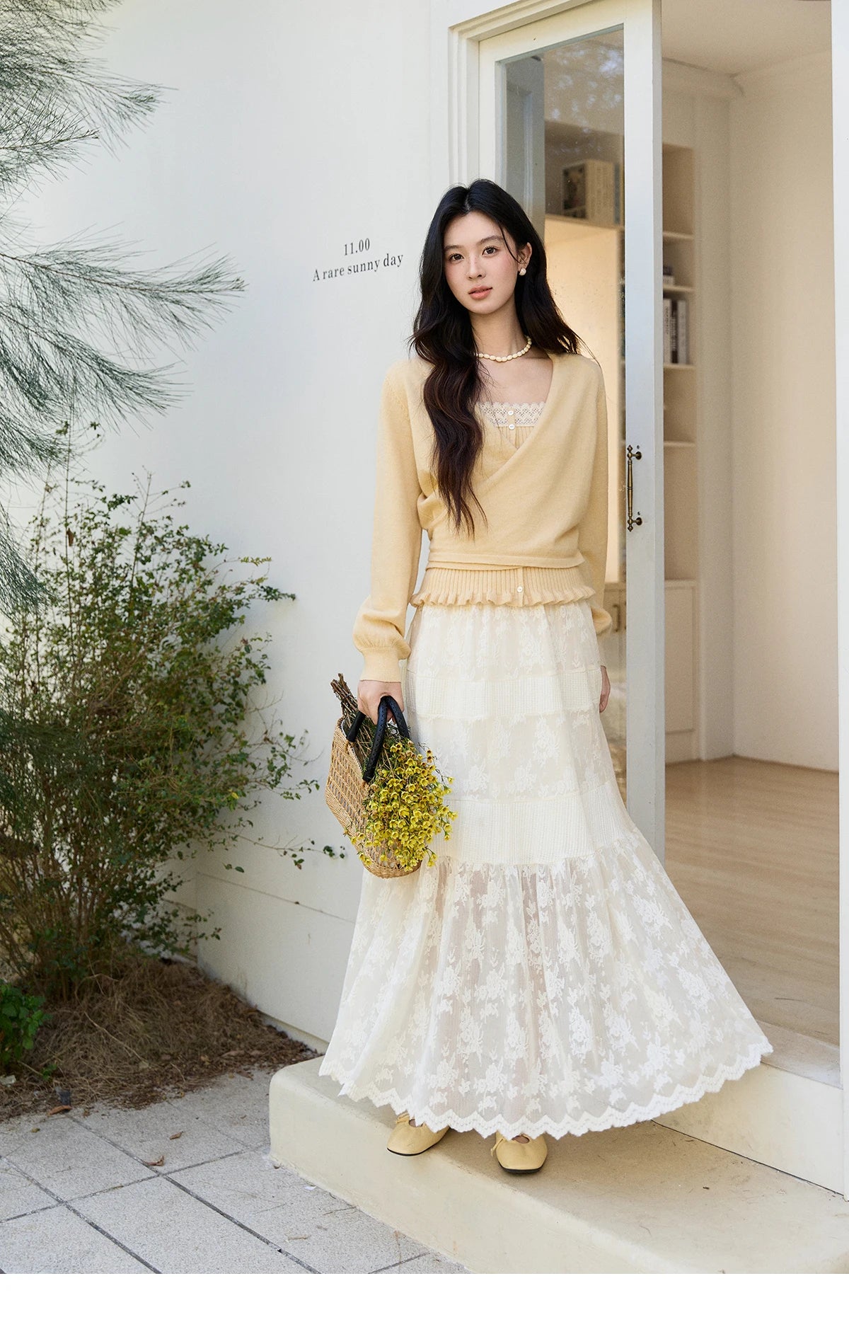 Mishow Yellow Ruffled Camisole & Lace Cardigan Set MXF11T1472