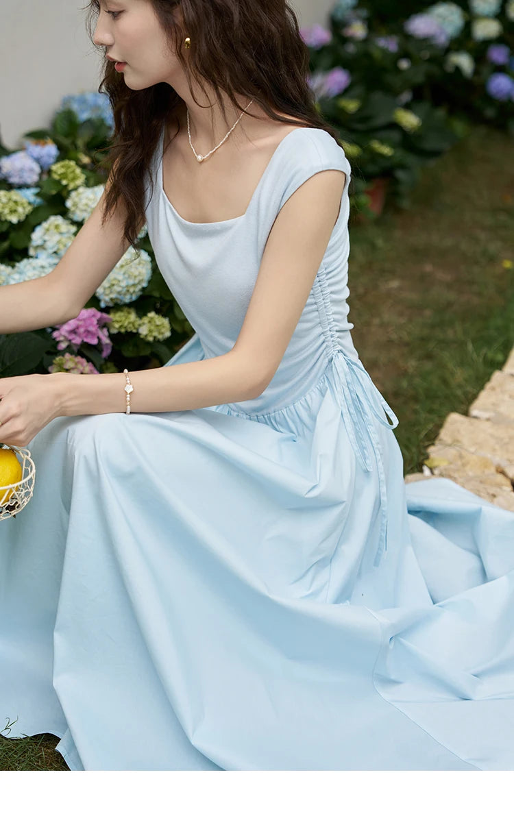 Mishow Square Neck Patchwork Side Drawstring Dress MXD23L1818