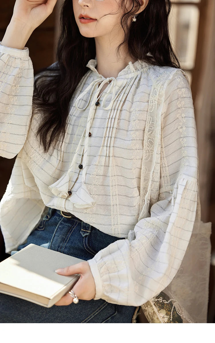 MISHOW French Striped Blouse Lace Collar Chiffon MXE12C0387