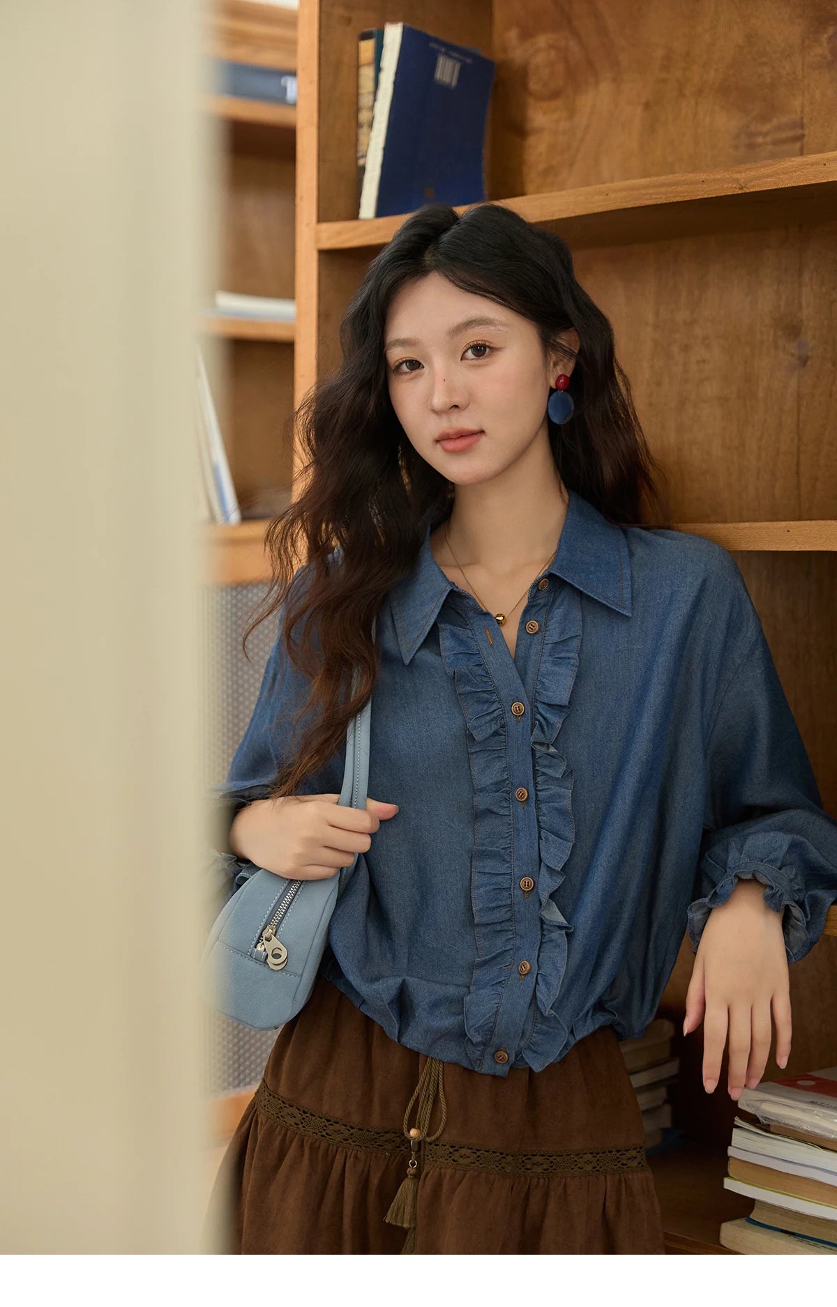 MISHOW Blue Lyocell Denim Shirt Ruffled Placket Waist Cinc MXE43C2386