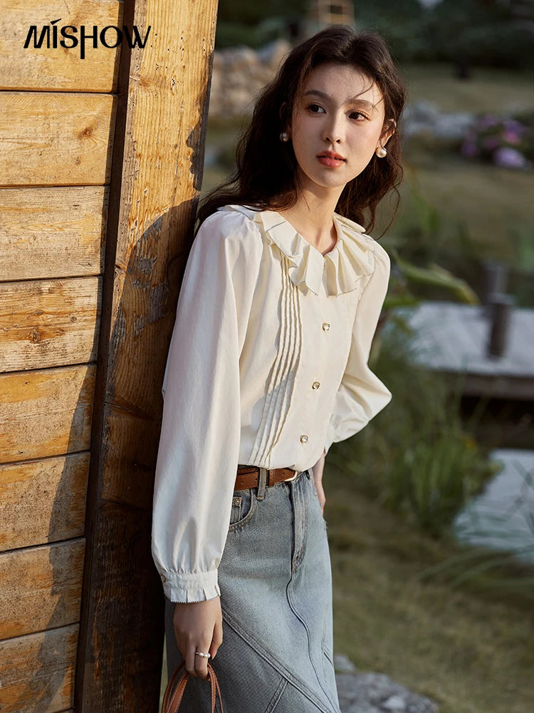 MISHOW Tucker Pleats Doll Neck Shirt Ruffled O Neck MXE12C0401