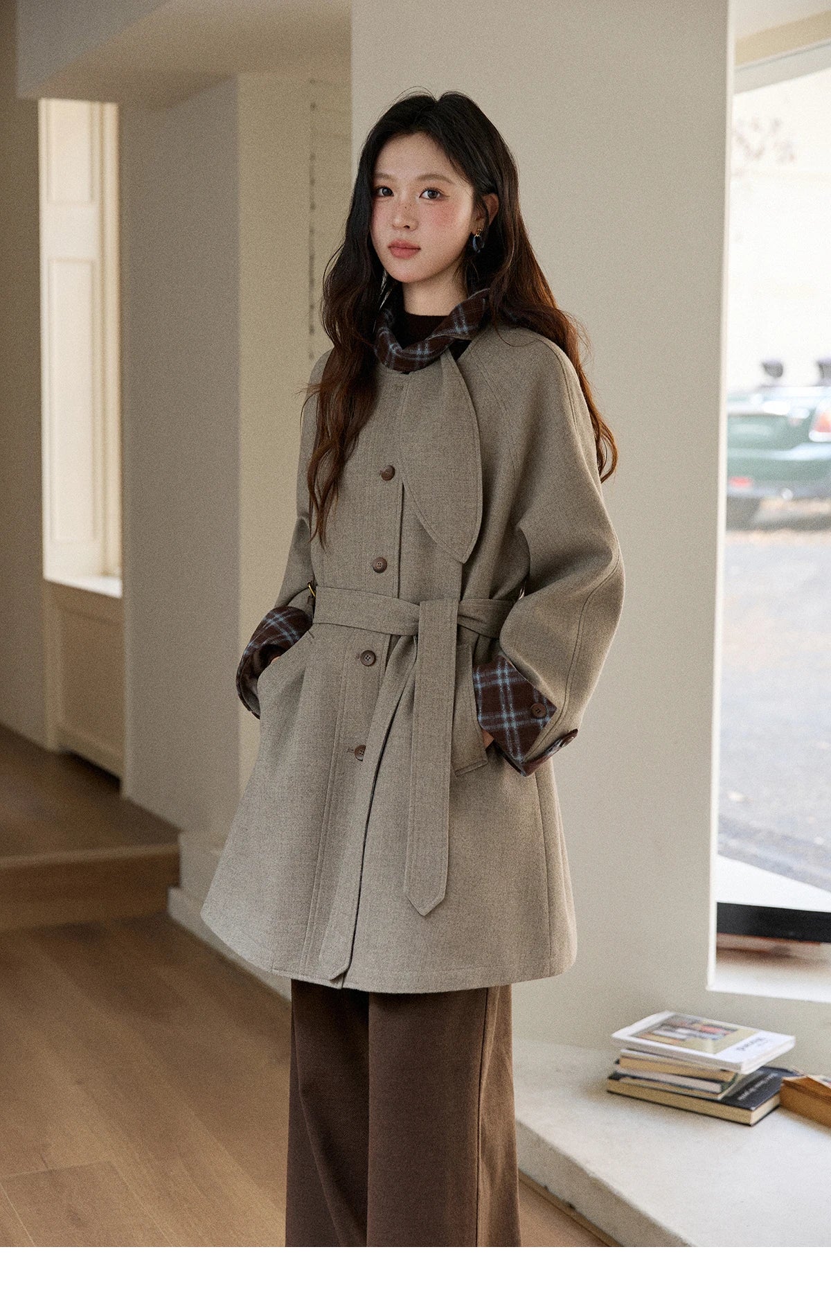 Mishow Retro British Plaid Rabbit Ear Tie Woolen Coat MXE90W0924