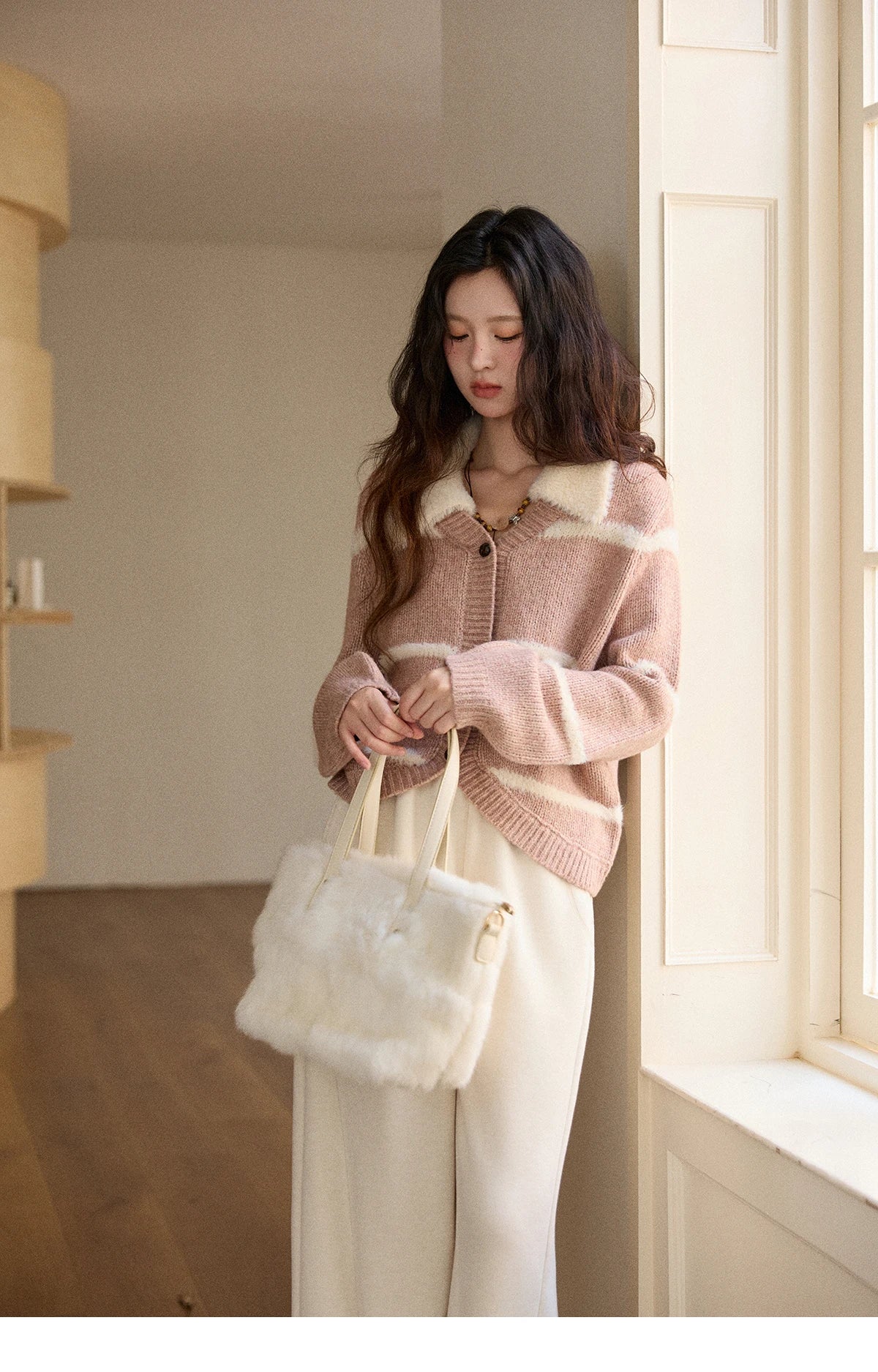 Mishow Faux Mink Turn-Down Collar Striped Cardigan MXE89Z2668