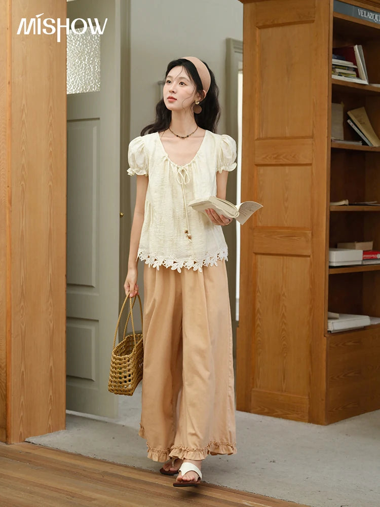 MISHOW French Round Neck Lace Up Blouse Embroidery Puff Sleeve MXE39X1956