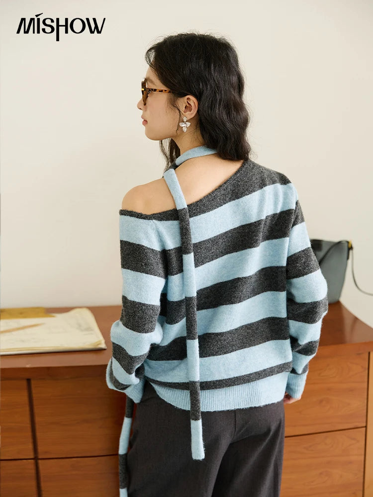 Mishow Blue Gray Slanted Shoulder Ribbon Sweater MXE46Z2540