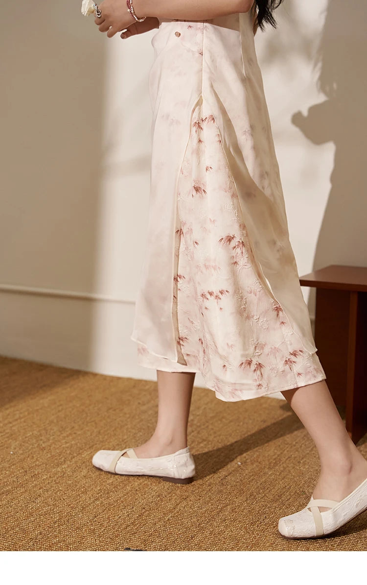 Mishow Chinese Doll Collar Pink Bamboo Print Dress MXD22L1829