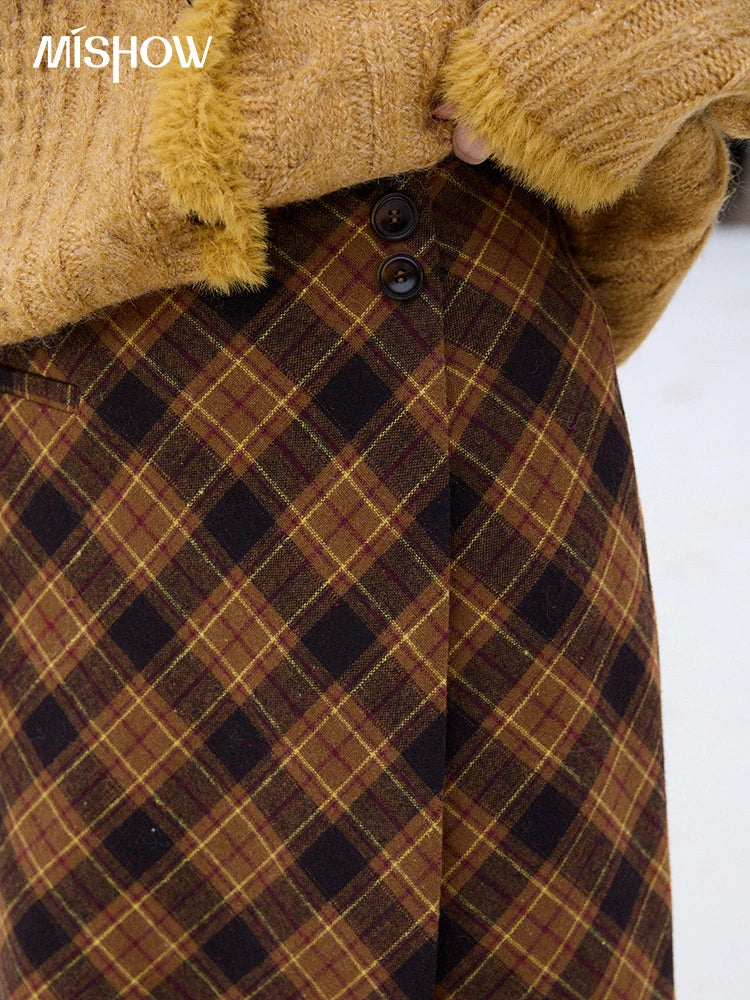 Mishow Retro Plaid Brushed High Waist Warm Skirt MXE91B2457