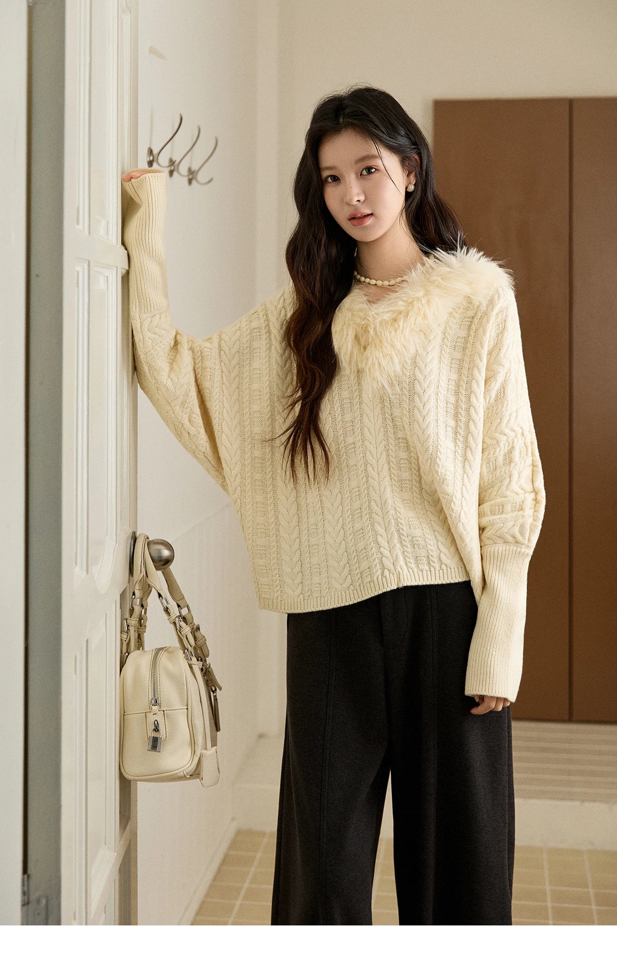 Mishow Faux Fur Collar Batwing Cable Knit Pullover MXE94Z2985
