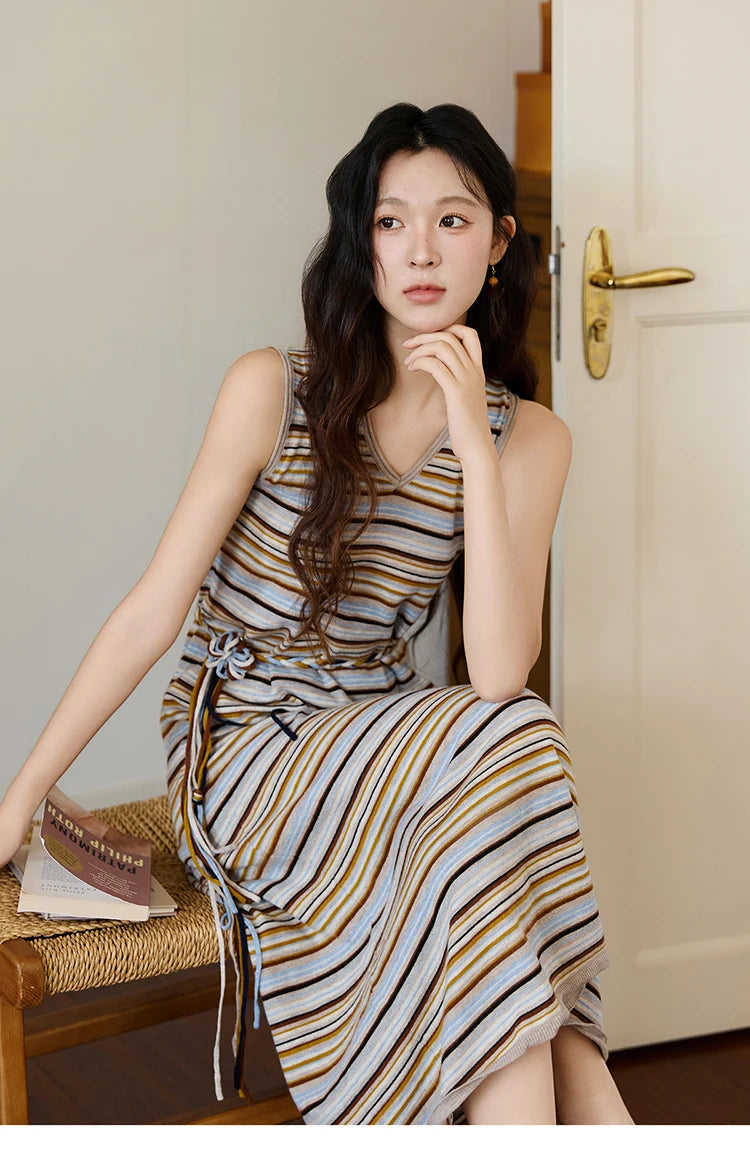 Mishow Striped V-Neck Tied Waist Long Dress MXE46L2521