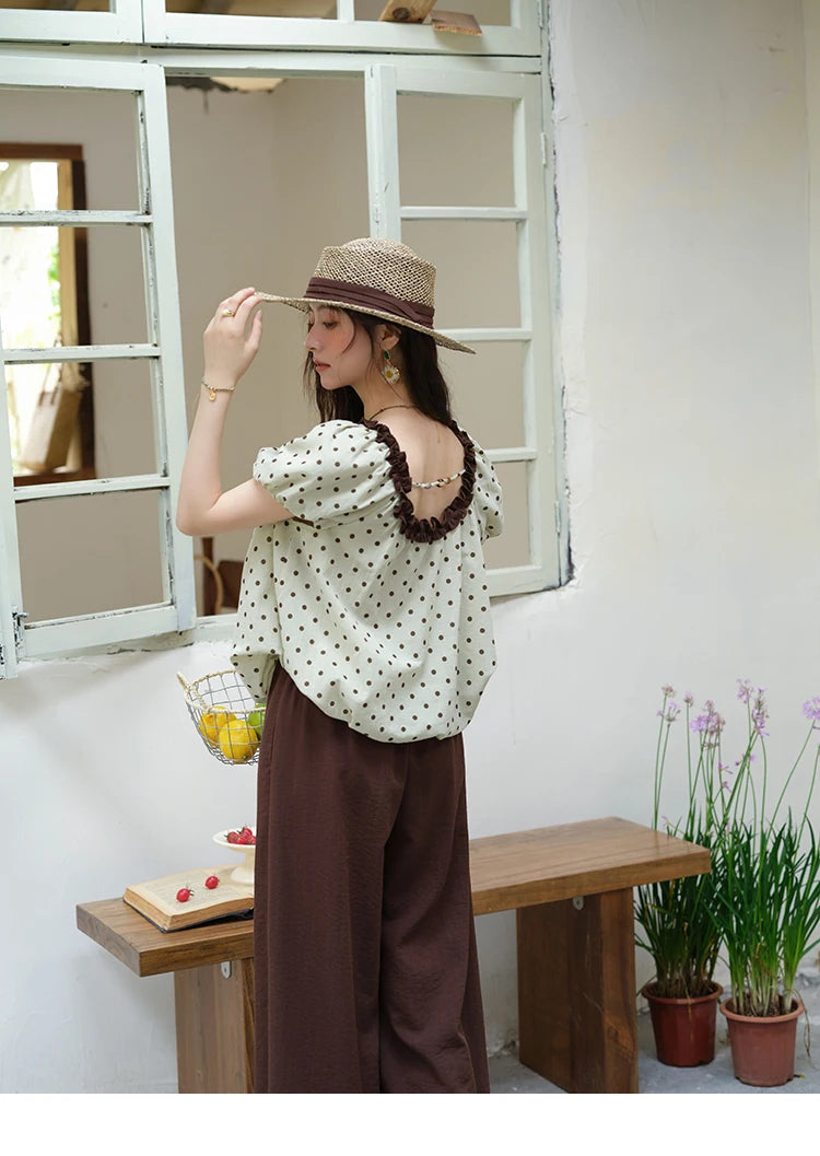 Mishow Polka Dot Puff Sleeve Top & Wide Leg Pants Set MXE39T0657