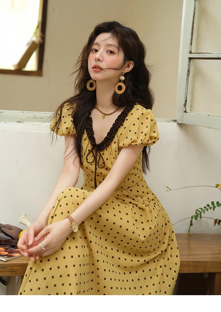 Mishow Polka Dot V-Neck Lace Up Puff Sleeve Dress MXE39L2326