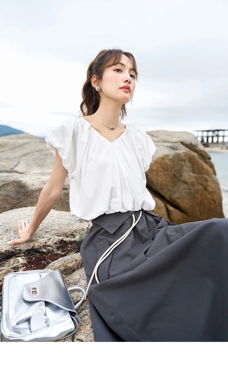 MISHOW French Rear Collar Tie Blouse V-Neck Puff Sleeve MXC38X1275