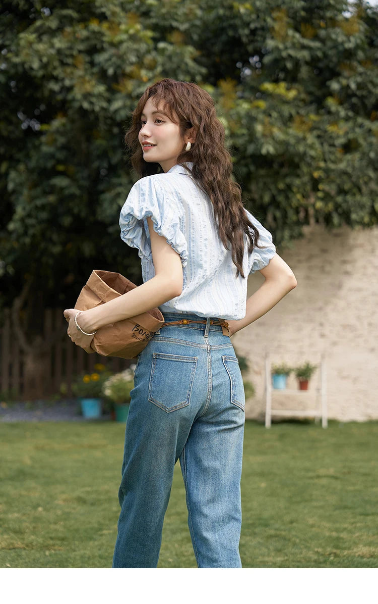 MISHOW Blue Striped Shirt Bubble Sleeves with Tube Top MXD24C0204