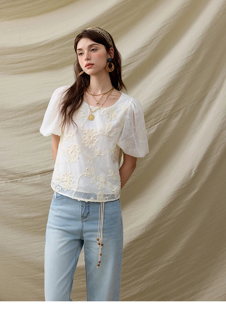 MISHOW Short Puff Sleeve Blouse Round Neck Jacquard MXE32X1772