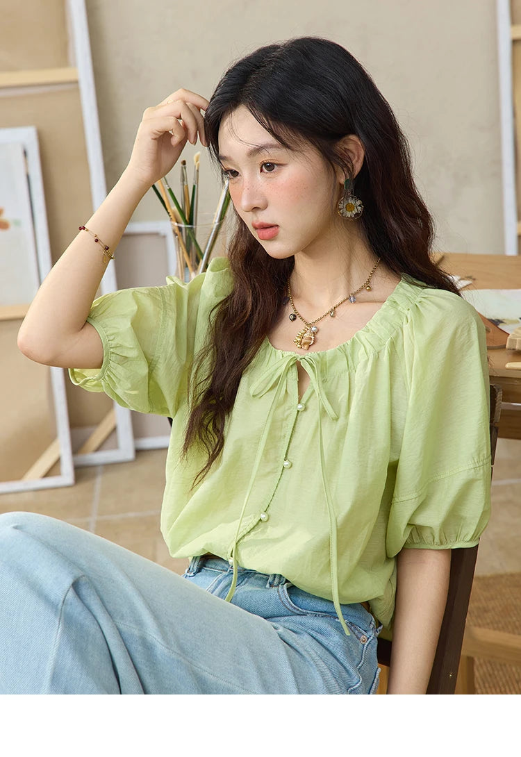 MISHOW Round Neck Blouse Lace Up Puff Sleeve MXE36X1875