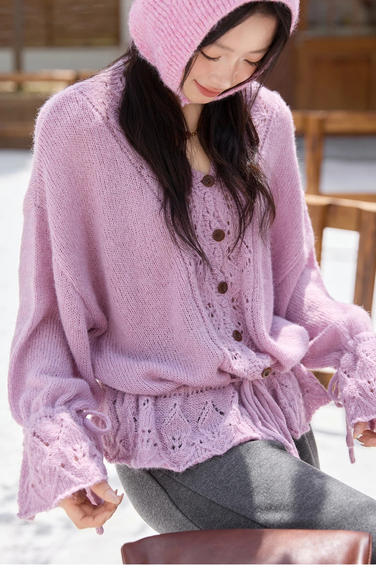Mishow Hollow Knit V-Neck Flared Sleeve Cardigan MXE47Z2513