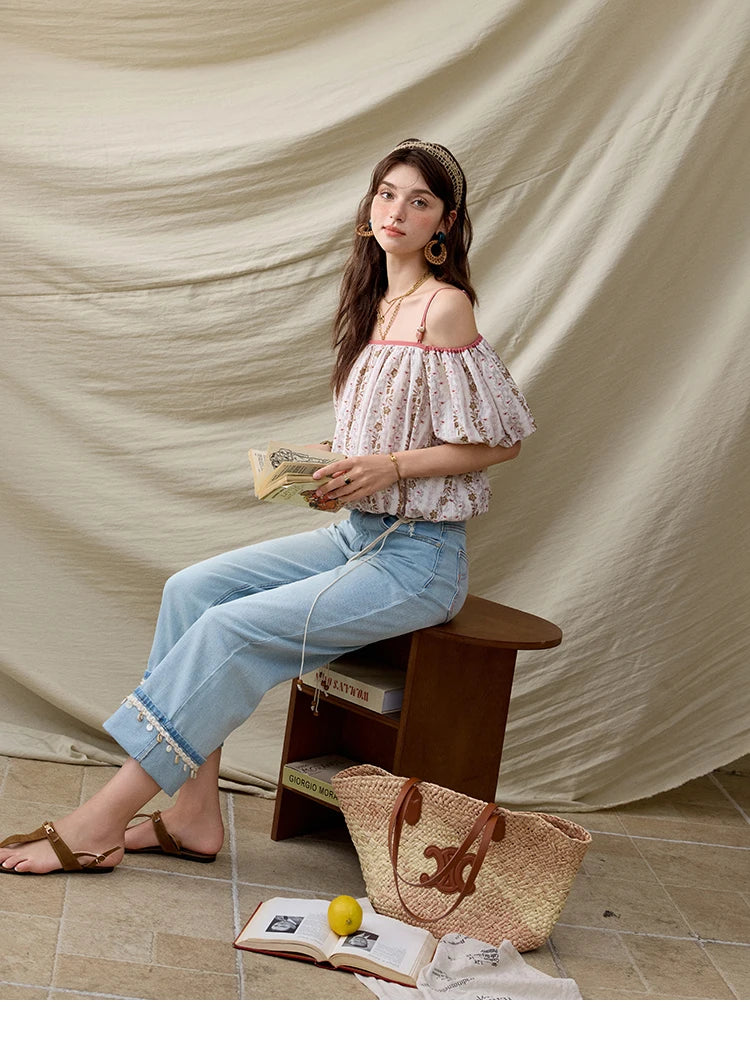 MISHOW One-Shoulder Floral Blouse Short Sleeve Contrast MXE31X1767