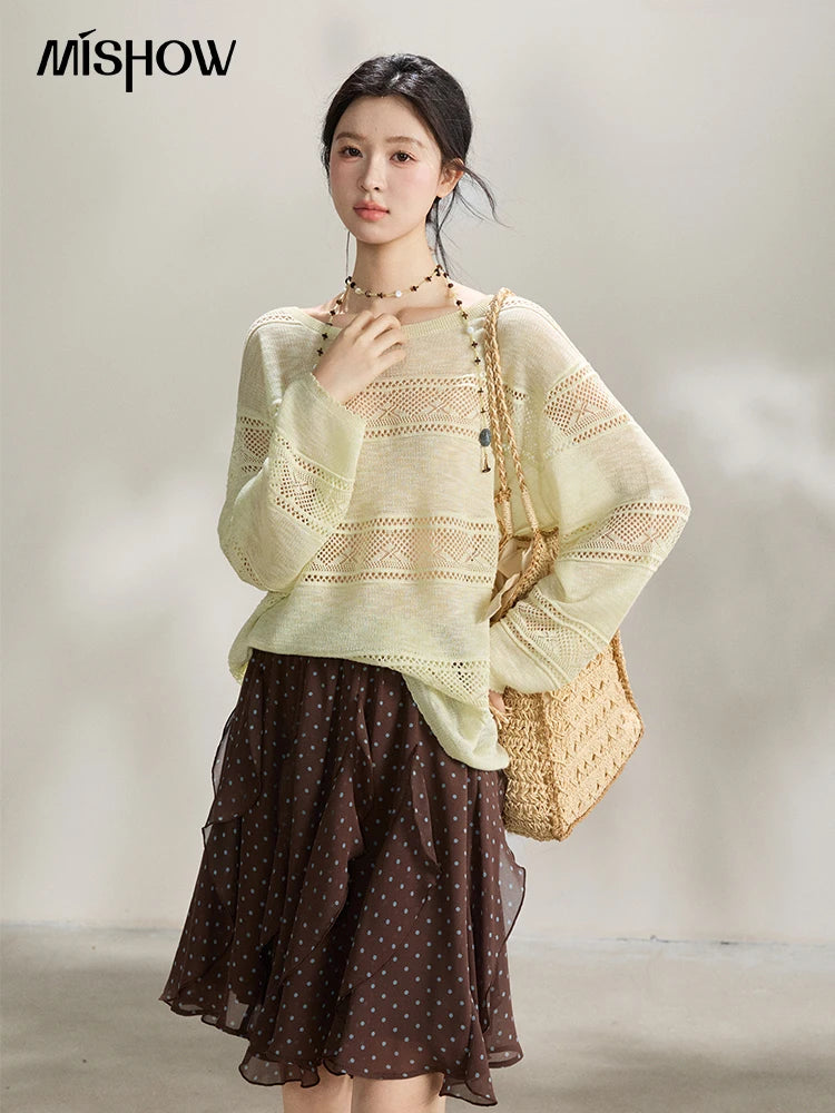 Mishow Pale Yellow Crew Neck Hollow Top MXF13Z3020