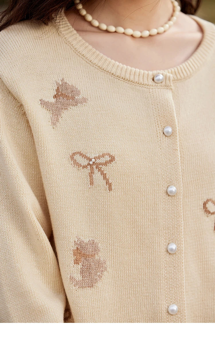 Mishow Yellow Dog Bow Jacquard Pearl Button Sweater MXE13Z1197