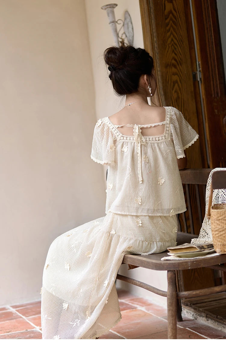 MISHOW Butterfly Flying Sleeve Blouse & Elastic Waist Skirt Set MXD29X1559