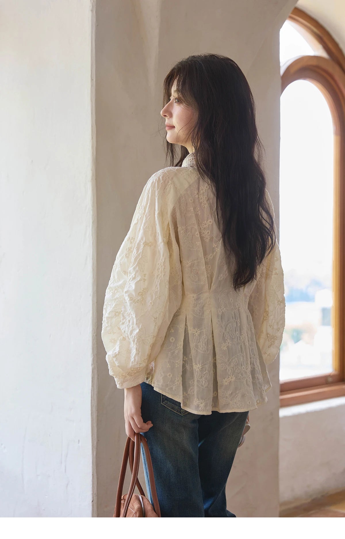 MISHOW French Lace Blouse Lantern Sleeve Ruffle Hem MXE42C2372