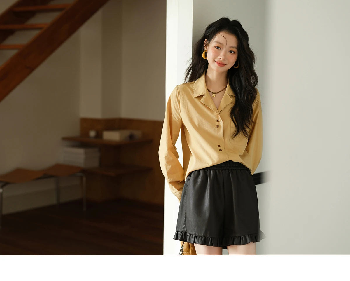 MISHOW Yellow Lapel Cotton Shirt Contrast Button Pocket MXE41C2356