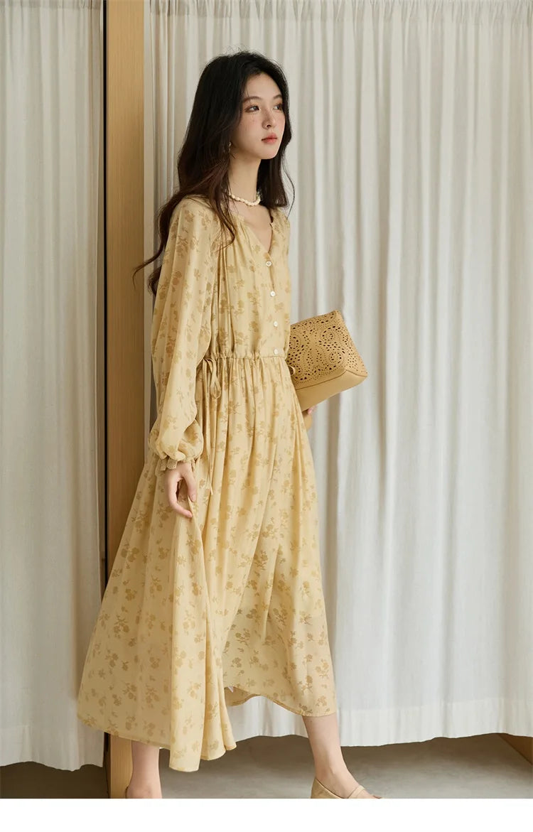 MISHOW Yellow Print Lace Lantern Sleeve Dress MXE47L2527