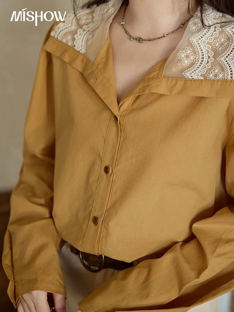 MISHOW Solid Cotton Shirt V-Neck Double Layer Lace MXE41C2366